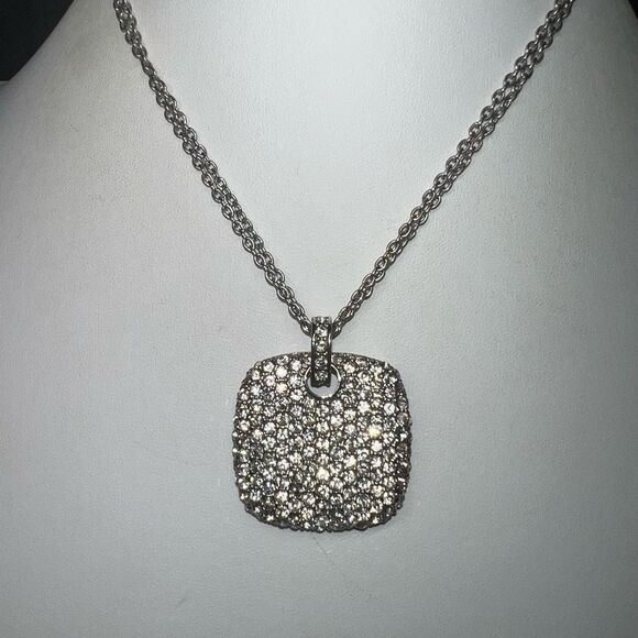 Double Strand Silver Tone Pave Crystal Pendant Statement Necklace - Picture 2 of 7